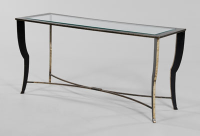 Appraisal: Patinated Brass and Glass Sofa Table th century welded construction