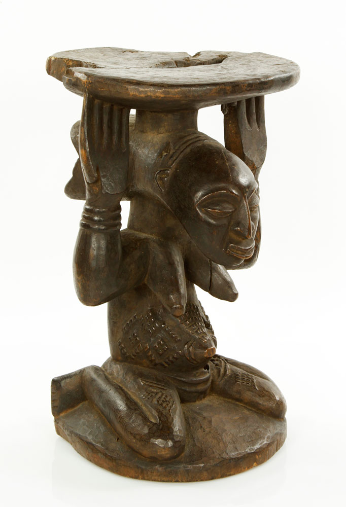 Appraisal: - Carved Stool Maniema Region Stool with kneeling female caryatid