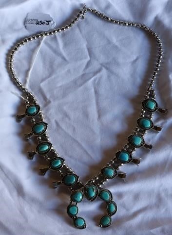 Appraisal: STERLING SILVER AND TURQUOISE SQUASH BLOSSOMNECKLACE LONG TURQUOISE NUGGETS