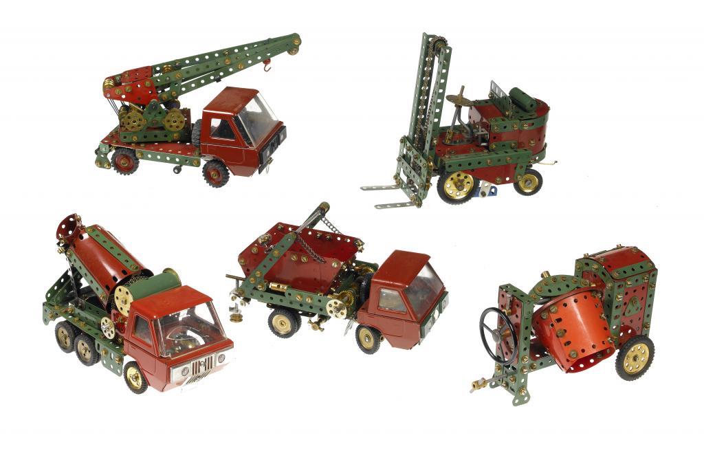 Appraisal: FIVE MECCANO MODELS red and green comprising a forklift truck