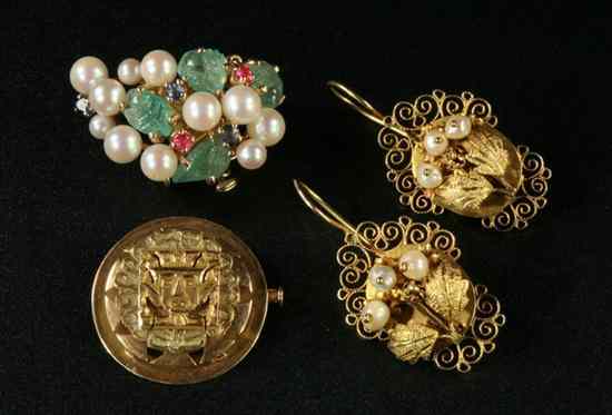 Appraisal: THREE PIECES GOLD AND GEMSTONE JEWELRY Pair K filigree yellow