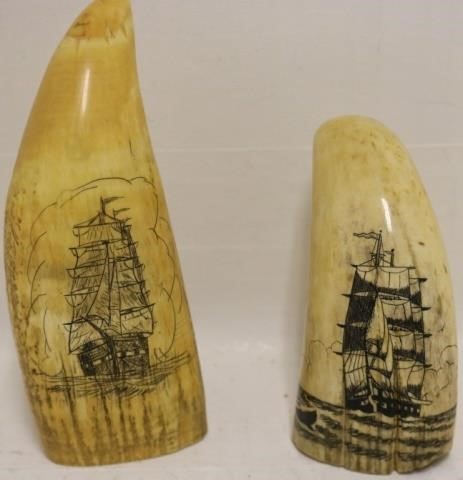 Appraisal: EARLY TH C SCRIMSHAW WHALES TEETH ONE IS AND DEPICTS