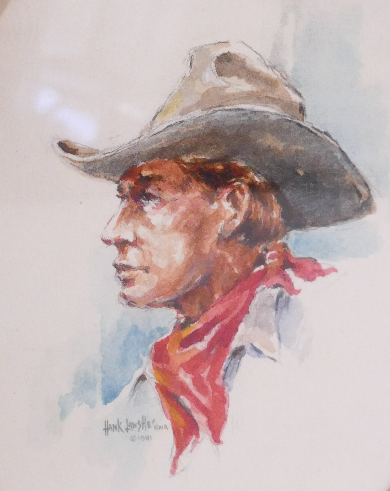 Appraisal: Hank Lawshe Cowboy Portrait Watercolor Framed- x ''