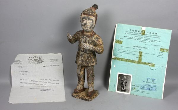 Appraisal: Wei dynasty terra-cotta pottery figure x with documentation Good condition