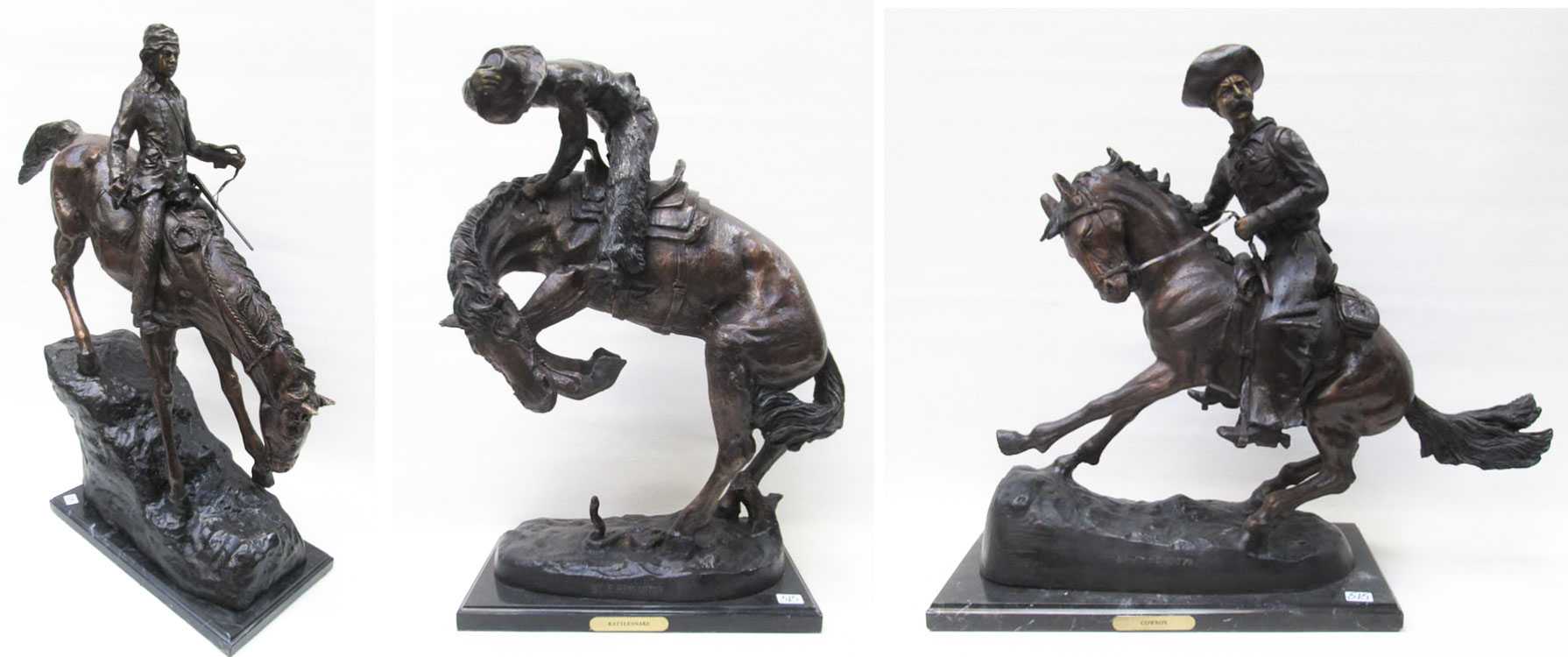 Appraisal: THREE WESTERN BRONZE HORSE AND RIDER SCULPTURES after the work