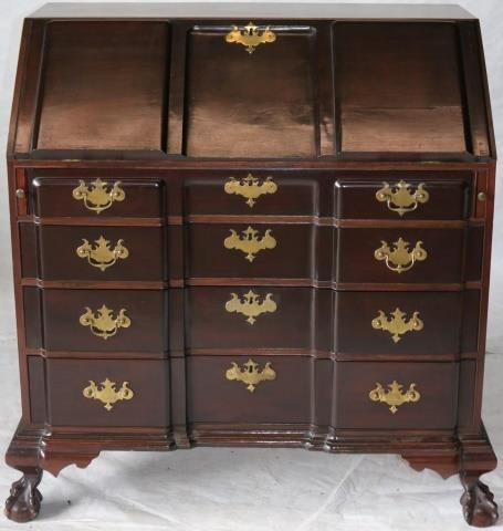 Appraisal: HORNBLOWER FAMILY DESK TH CENTURY AMERICANCHIPPENDALE BLOCK FRONT SLANT LID