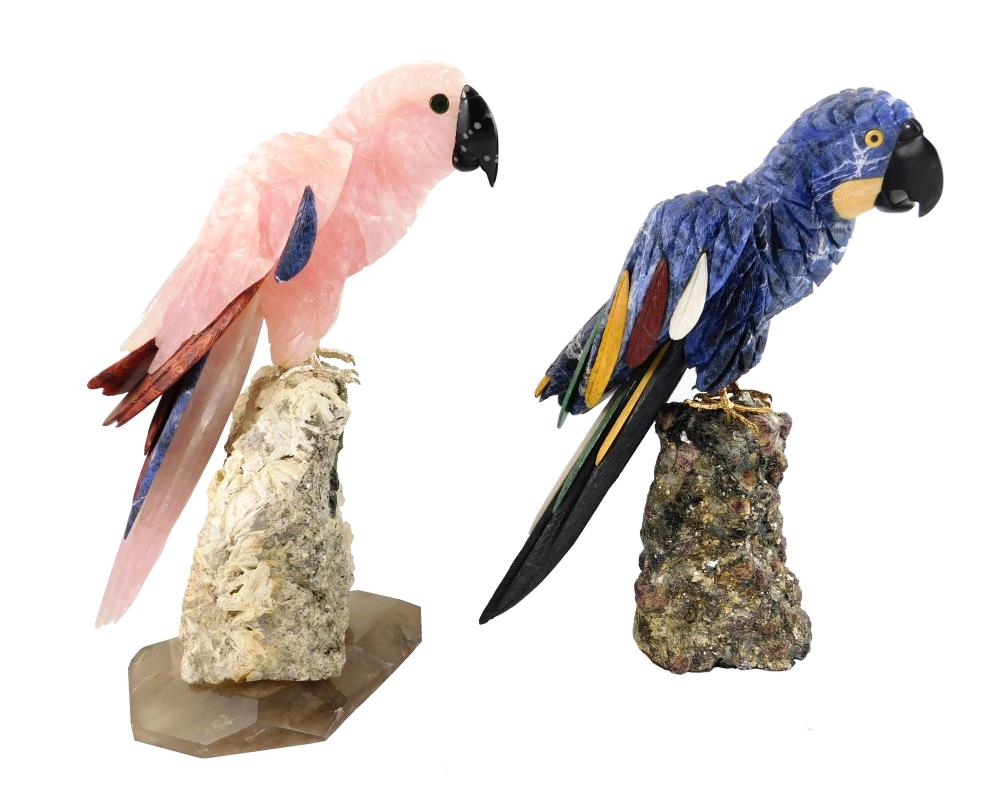 Appraisal: Two large hardstone carvings of parrots on rock plinths possibly