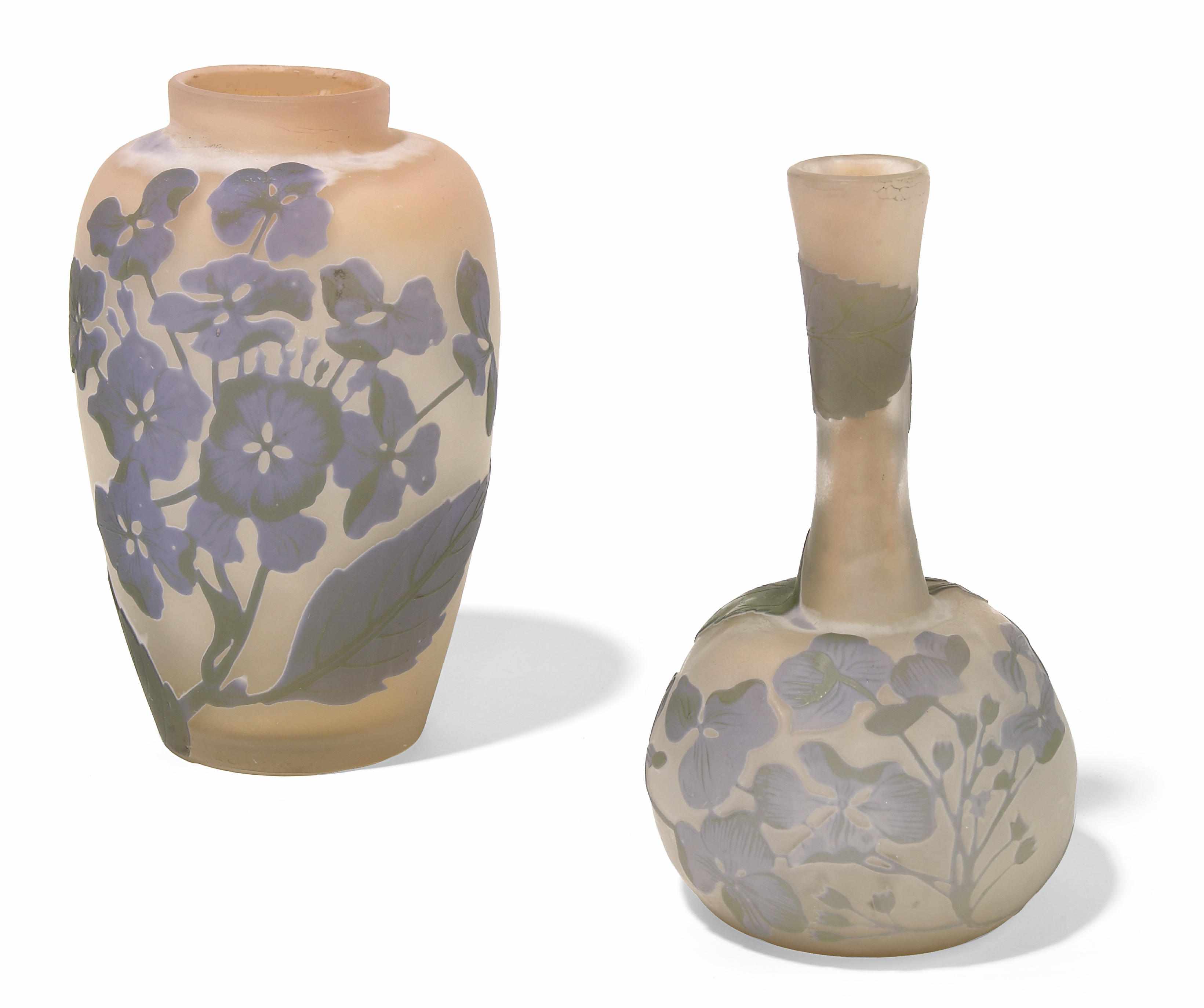 Appraisal: Two Gall cameo glass Hydrangea vases early th centurythe stickneck