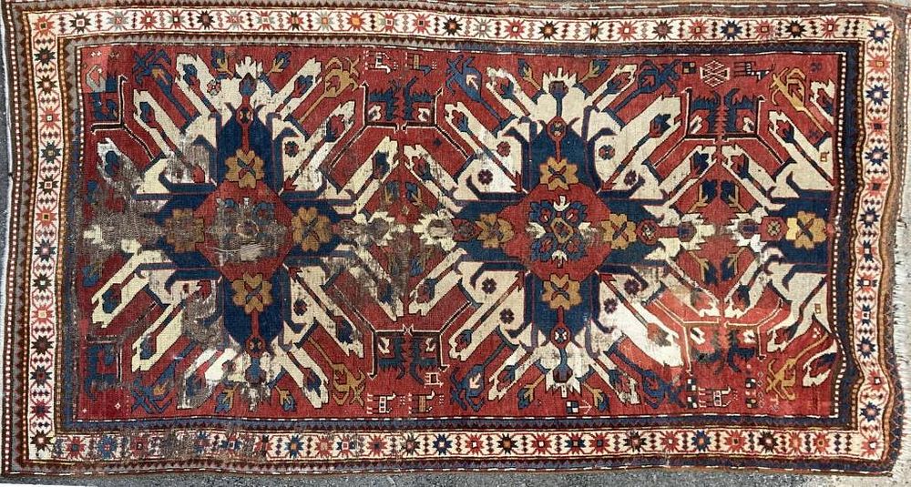 Appraisal: Kazak Carpet long wide Bare spots low pile patches All