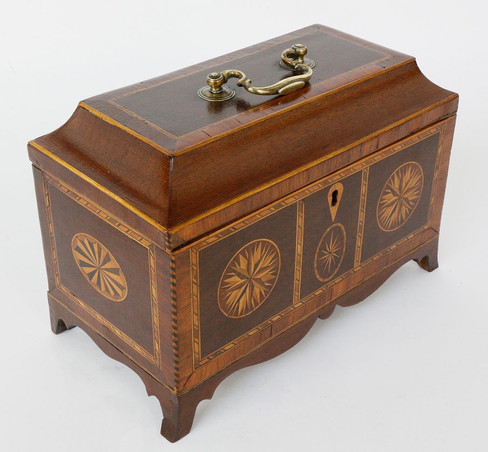 Appraisal: Multi-Wood Inlaid Chippendale Triple Compartment Tea Caddy th c th