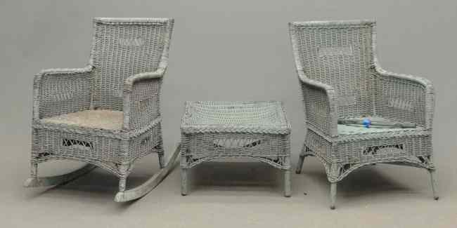 Appraisal: Early wicker three piece set including chair ottoman and rocking