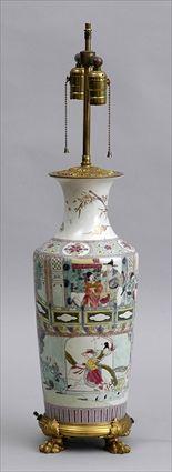 Appraisal: FAMILLE ROSE ENAMELED VASE MOUNTED AS A LAMP ON GILT-BRONZE