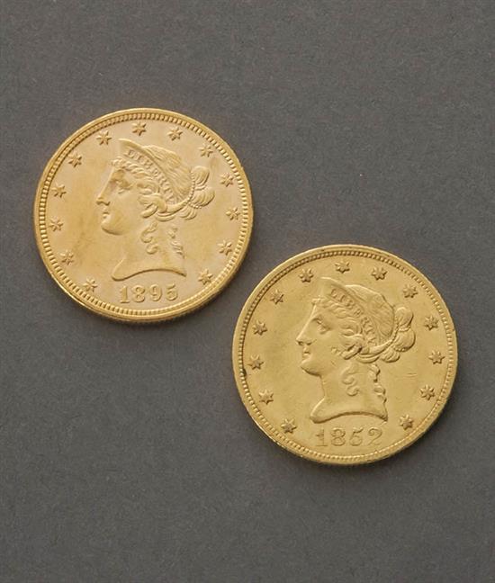 Appraisal: Two U S Liberty Head Ten-Dollar Gold Coins Dated and