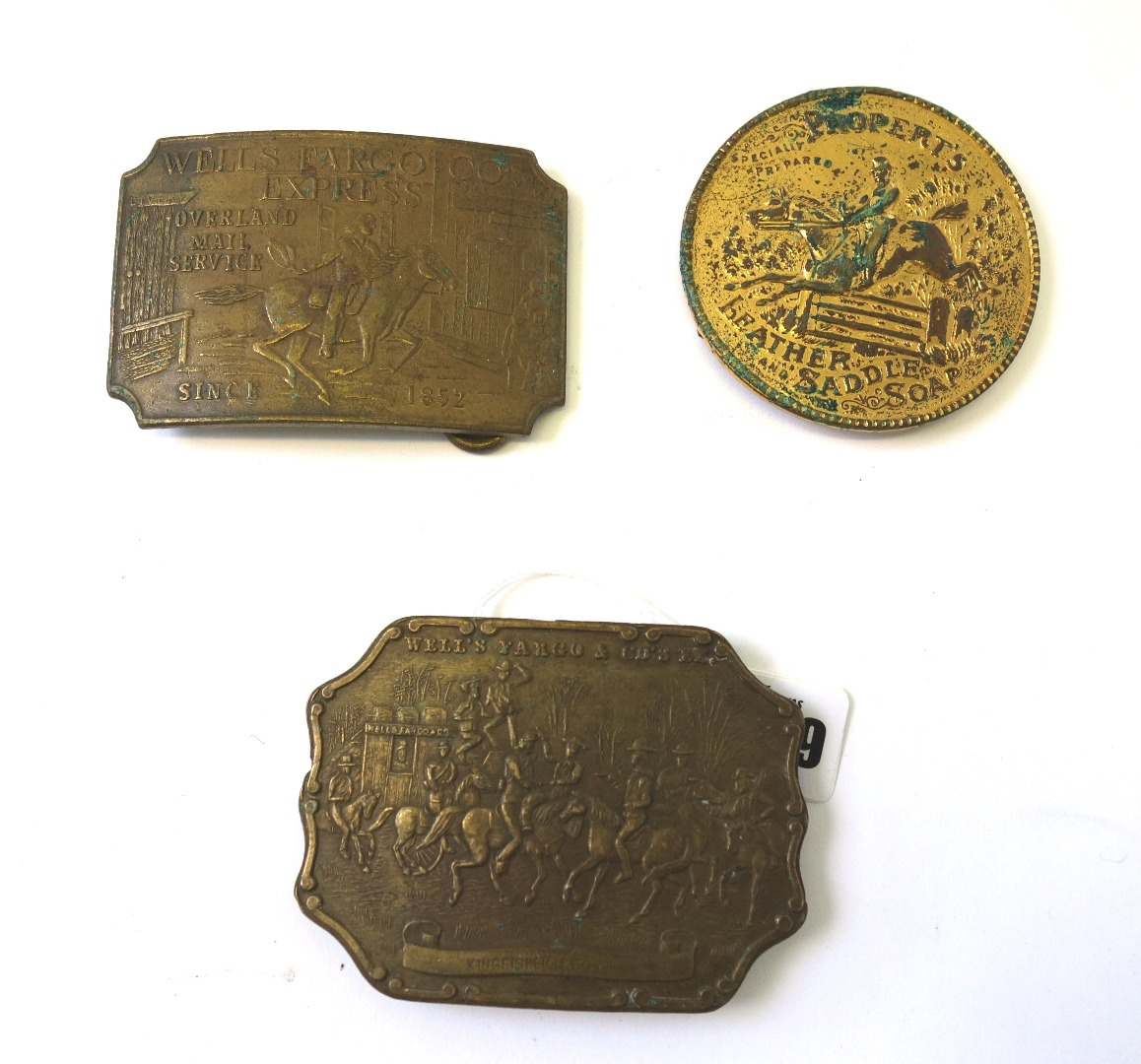 Appraisal: Two Wells Fargo Co Express brass belt buckles stamped 'Tiffany