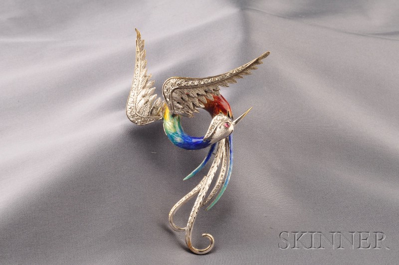 Appraisal: Large Enamel and Diamond Exotic Bird Brooch the enamel body