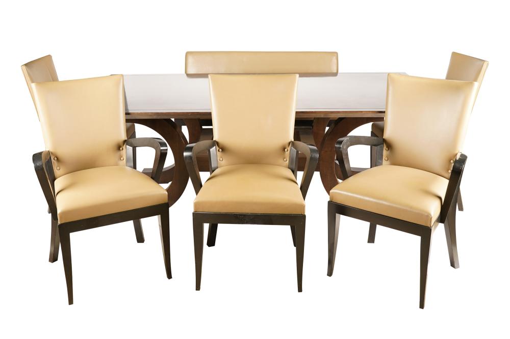 Appraisal: DAKOTA JACKSON DINING CHAIRS MCGUIRE TABLEcomprising five armchairs three with