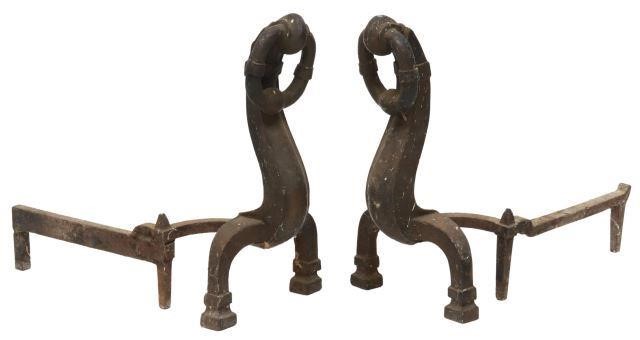 Appraisal: pair Continental iron fireplace andirons firedogs th c scroll and