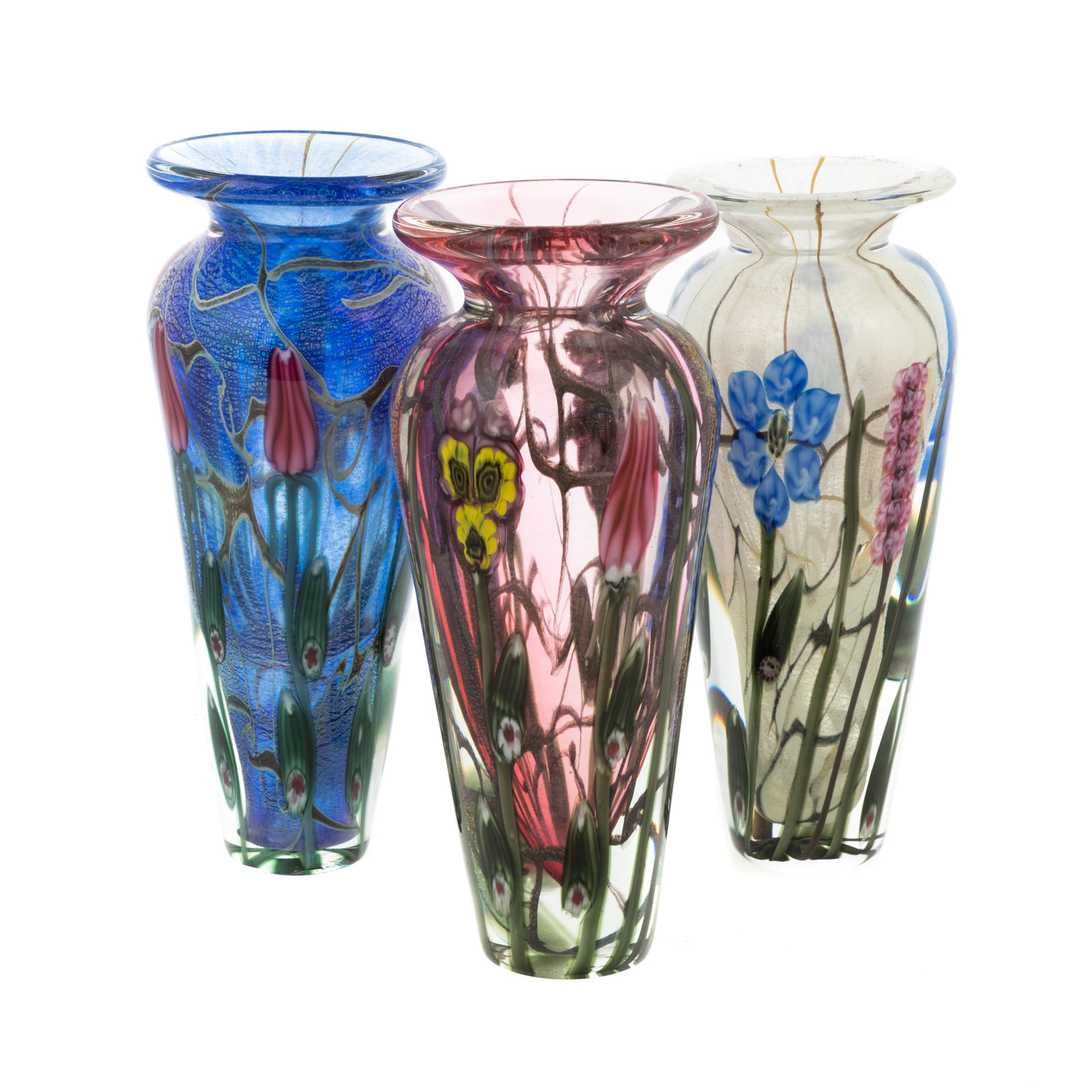 Appraisal: THREE VANDERMARK ART GLASS VASES th century elaborate cased glass