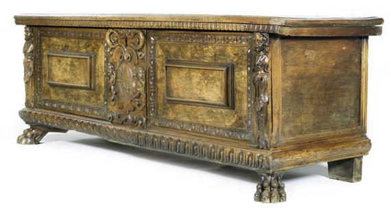 Appraisal: CARVED CHEST early Baroque Italy th cent Carved walnut Iron