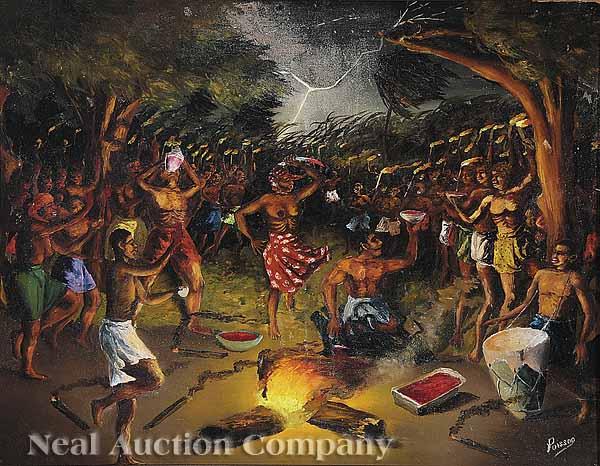 Appraisal: L Overton Poisson Haitian - Voodoo Ceremony oil on board