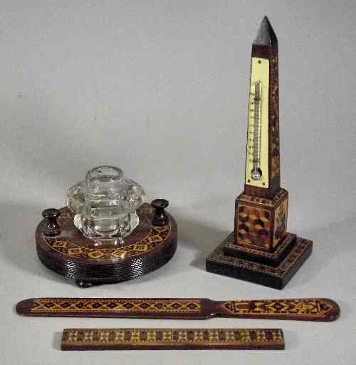 Appraisal: A late Victorian rosewood and Tunbridge ware circular inkstand inset