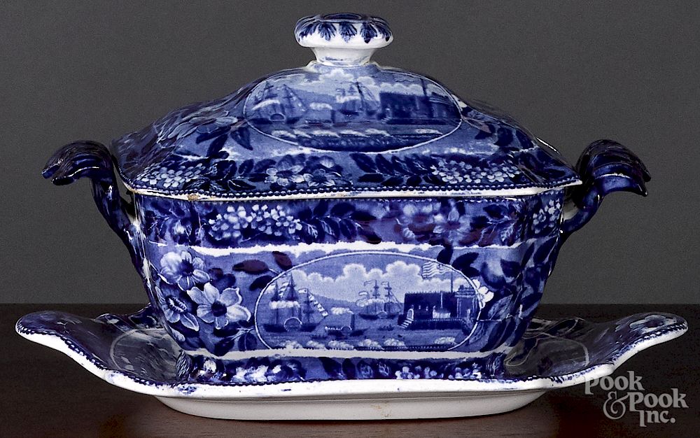 Appraisal: Historical Blue Staffordshire sauce tureen Historical Blue Staffordshire Landing of