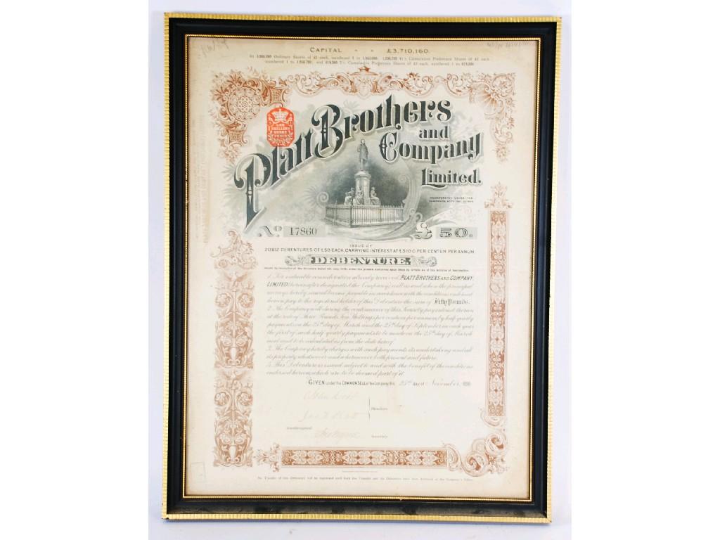 Appraisal: PLATT BROTHERS AND COMPANY LTD Debenture for pounds x framed