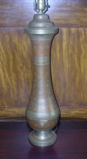 Appraisal: Tall Middle Eastern Engraved and Partially Crimson-Patinated Brass Vase of