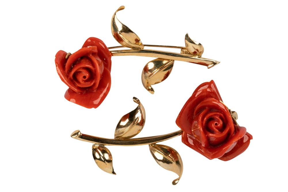 Appraisal: TWO KARAT YELLOW GOLD CARVED CORAL ROSE BROOCHES grams total