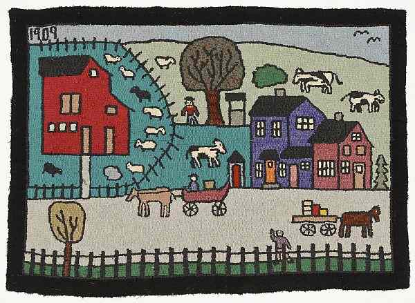 Appraisal: Pennsylvania hooked rug dated depicting a street scene x