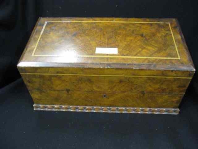 Appraisal: Victorian Burl Inlaid Box carved base trim string inlay ''