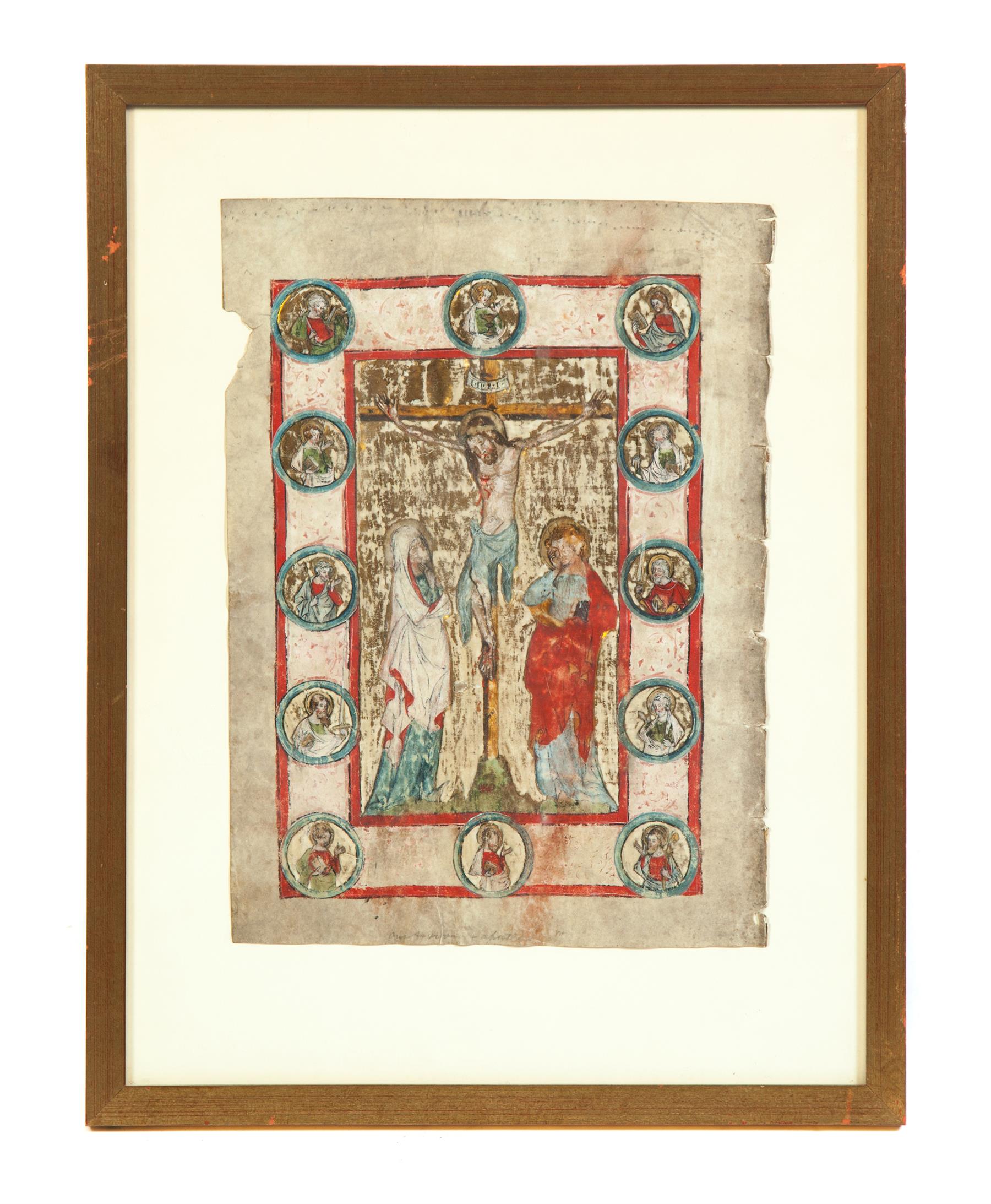 Appraisal: CONTINENTAL IMAGE OF THE CRUCIFIXION Early vellum page with watercolor