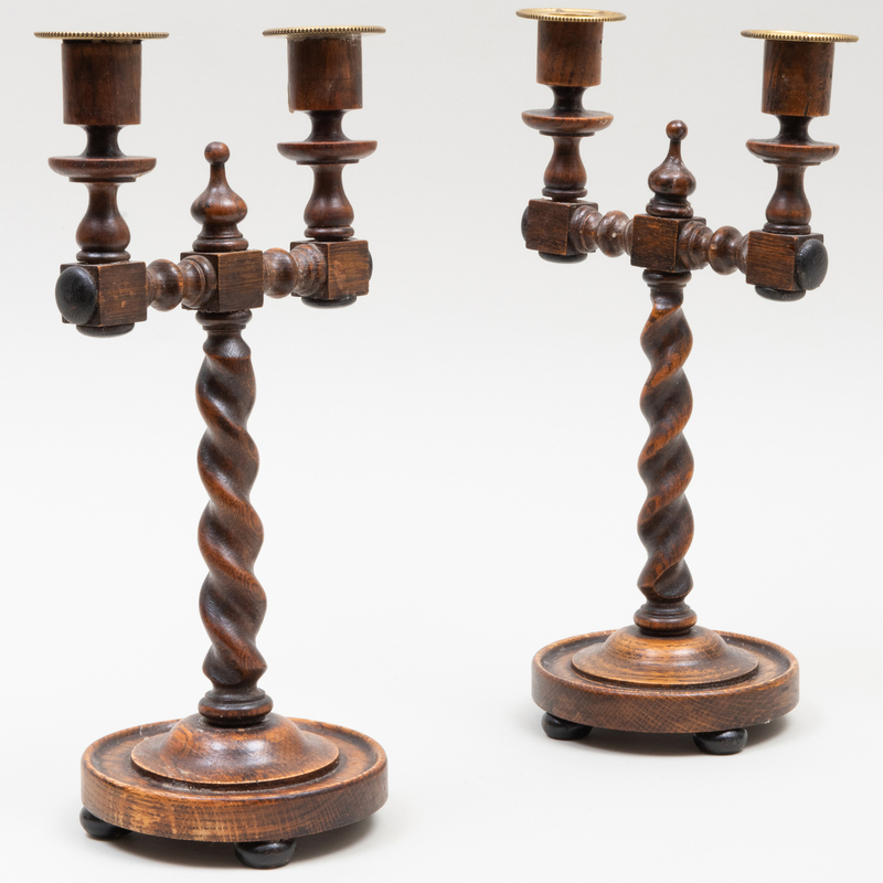 Appraisal: PAIR OF ENGLISH RUSTIC OAK BARLEY TWIST TWO-LIGHT CANDELABRA x