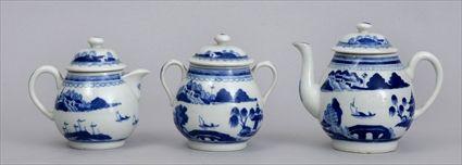 Appraisal: CANTON BLUE AND WHITE THREE-PIECE TEA SET Comprising an ovoid