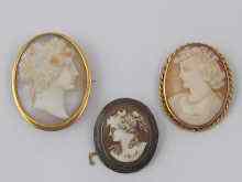 Appraisal: Three cameo brooches two in yellow metal tests gold mounts