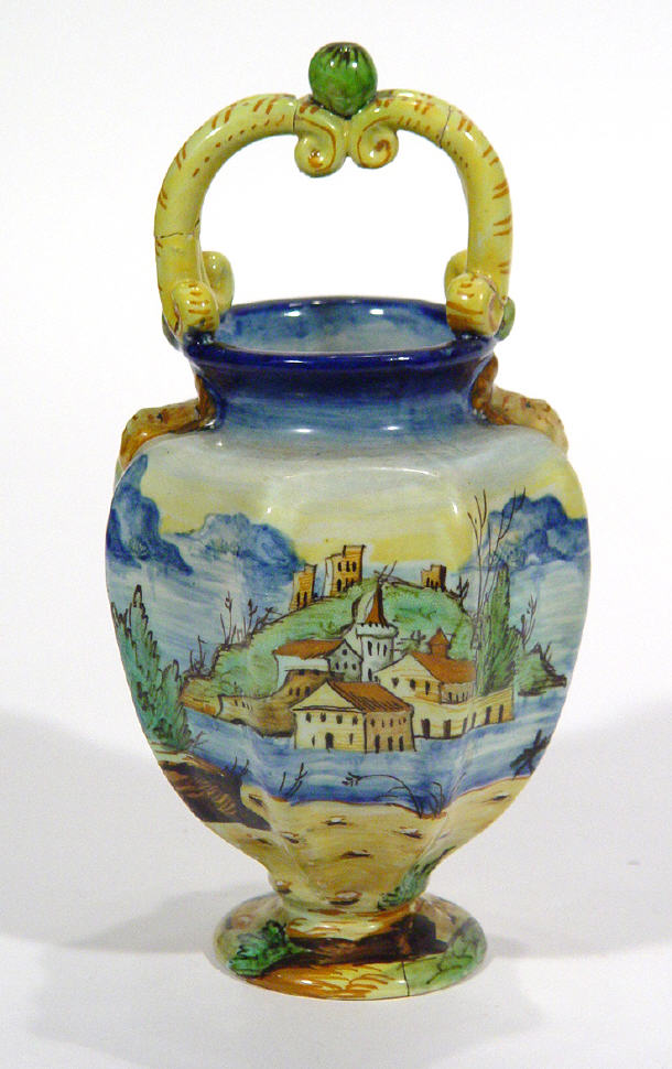 Appraisal: Cantagali fluted pottery basket painted with landscape scenes and relief