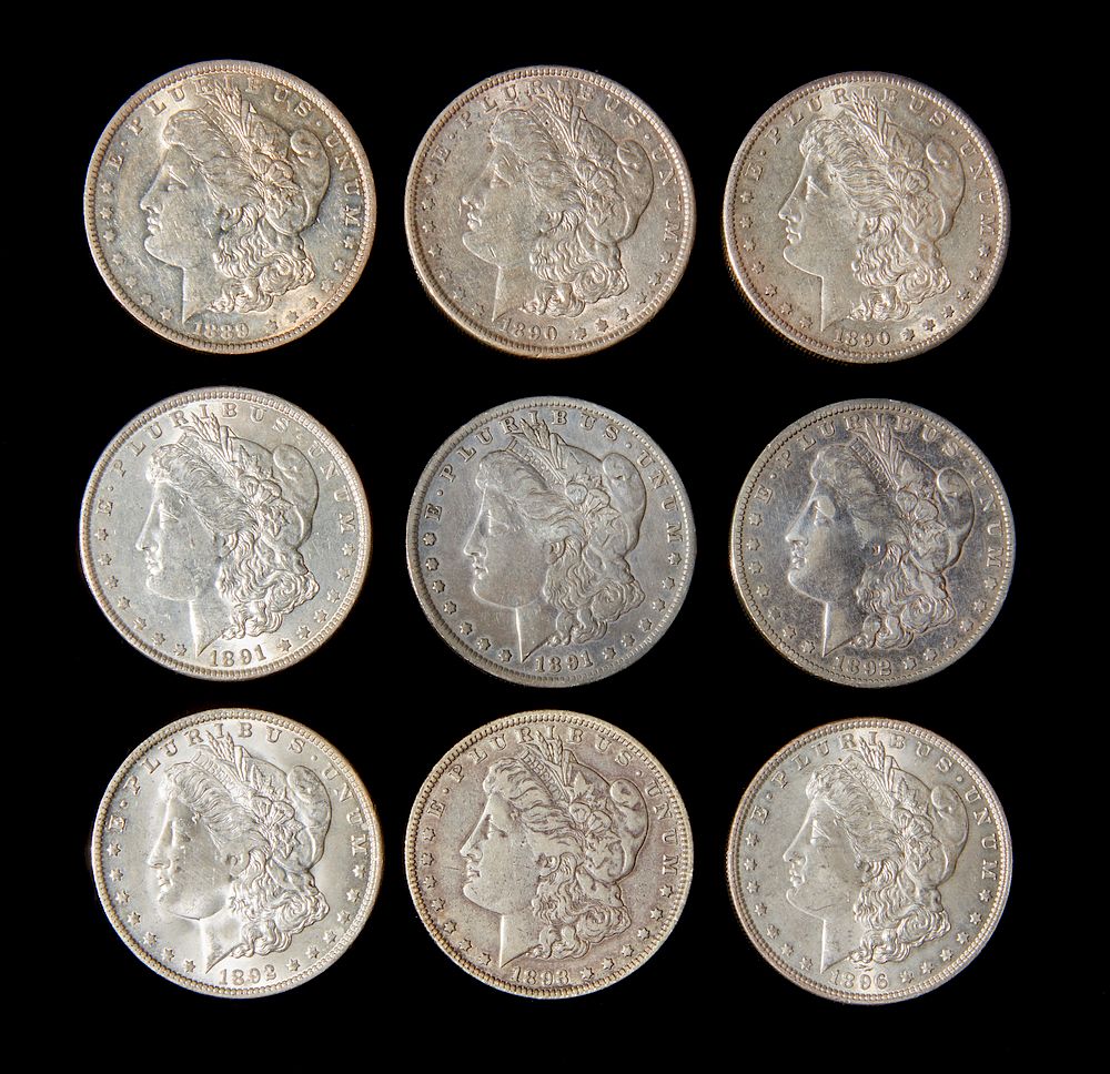 Appraisal: Nine Morgan Silver Dollars Nine Morgan silver dollars comprising left