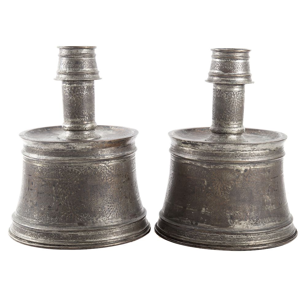 Appraisal: Pair of Large Ottoman Chased Copper Candle Holders th century