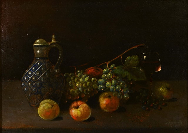 Appraisal: J ZIMMERATH Still life - A stoneware flagon bunches of