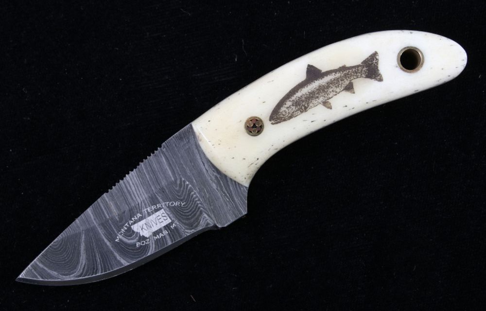 Appraisal: Montana Cutthroat Trout Scrimshaw Damascus Knife This is an original