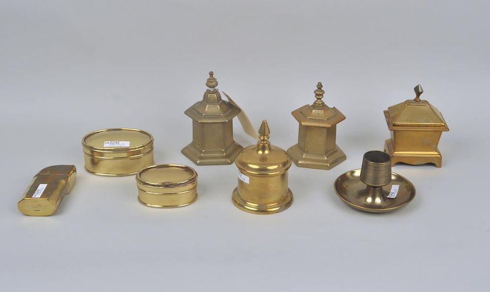 Appraisal: Group Seven Brass Tobacco Boxes Match Striker including two oval