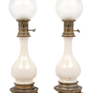 Appraisal: A Pair of French Opaline Glass Fluid Lamps with Etched