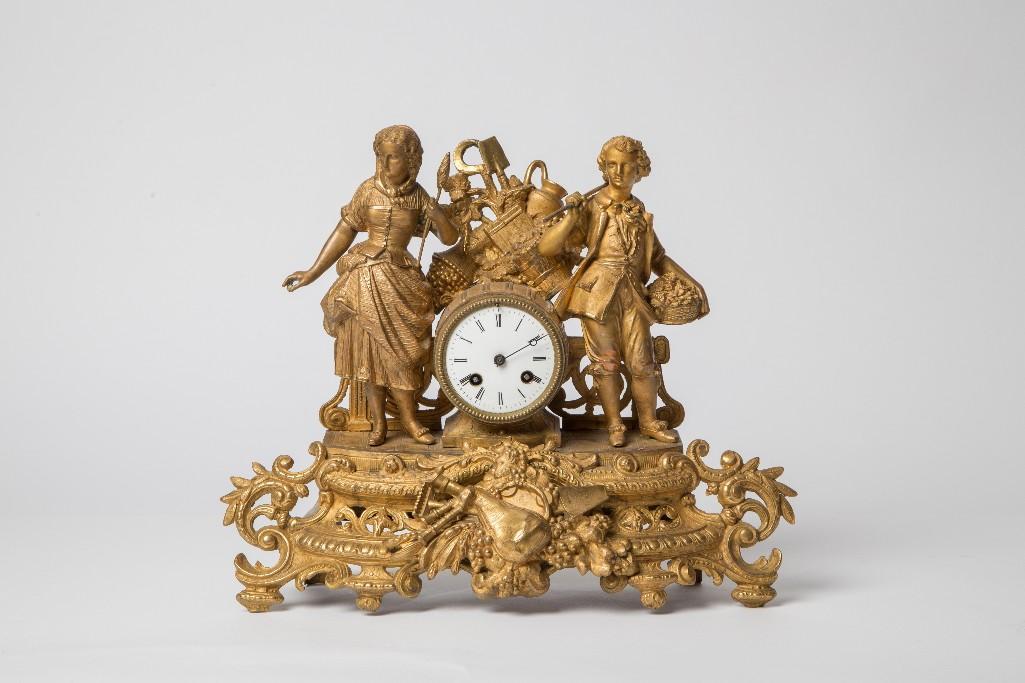 Appraisal: TH CEN FRENCH ROCOCO CLOCK WITH HARVEST SCENE Gilt spelter