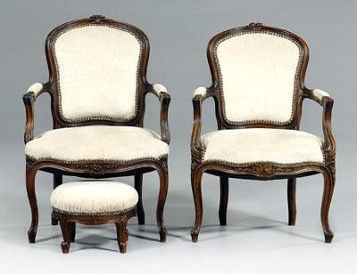 Appraisal: Pair Louis XV style fauteuils carved walnut each with carved