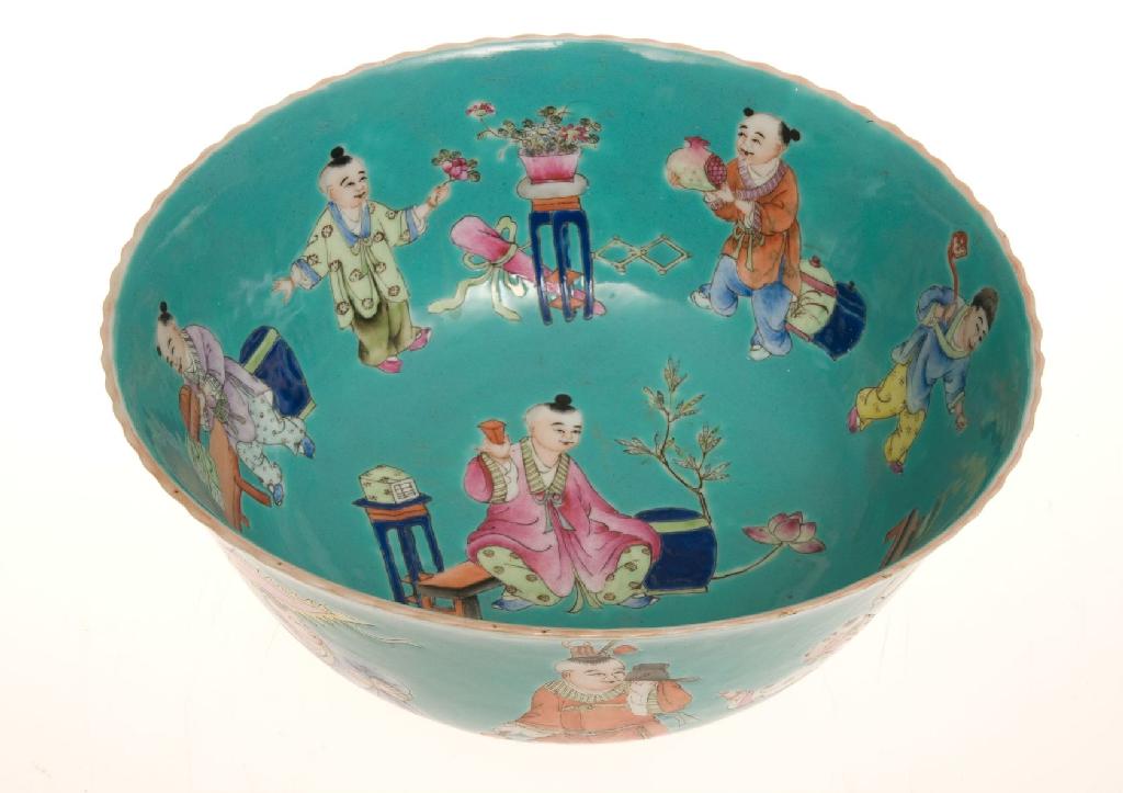 Appraisal: CHINESE FAMILLE ROSE TURQUOISE GROUND BOWL late th early th