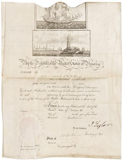 Appraisal: PRESIDENTS -- TYLER John Partly-printed vellum document signed ship's papers