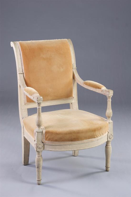 Appraisal: FRENCH PROVINCIAL EMPIRE FAUTEUIL th century cream painted and upholstered