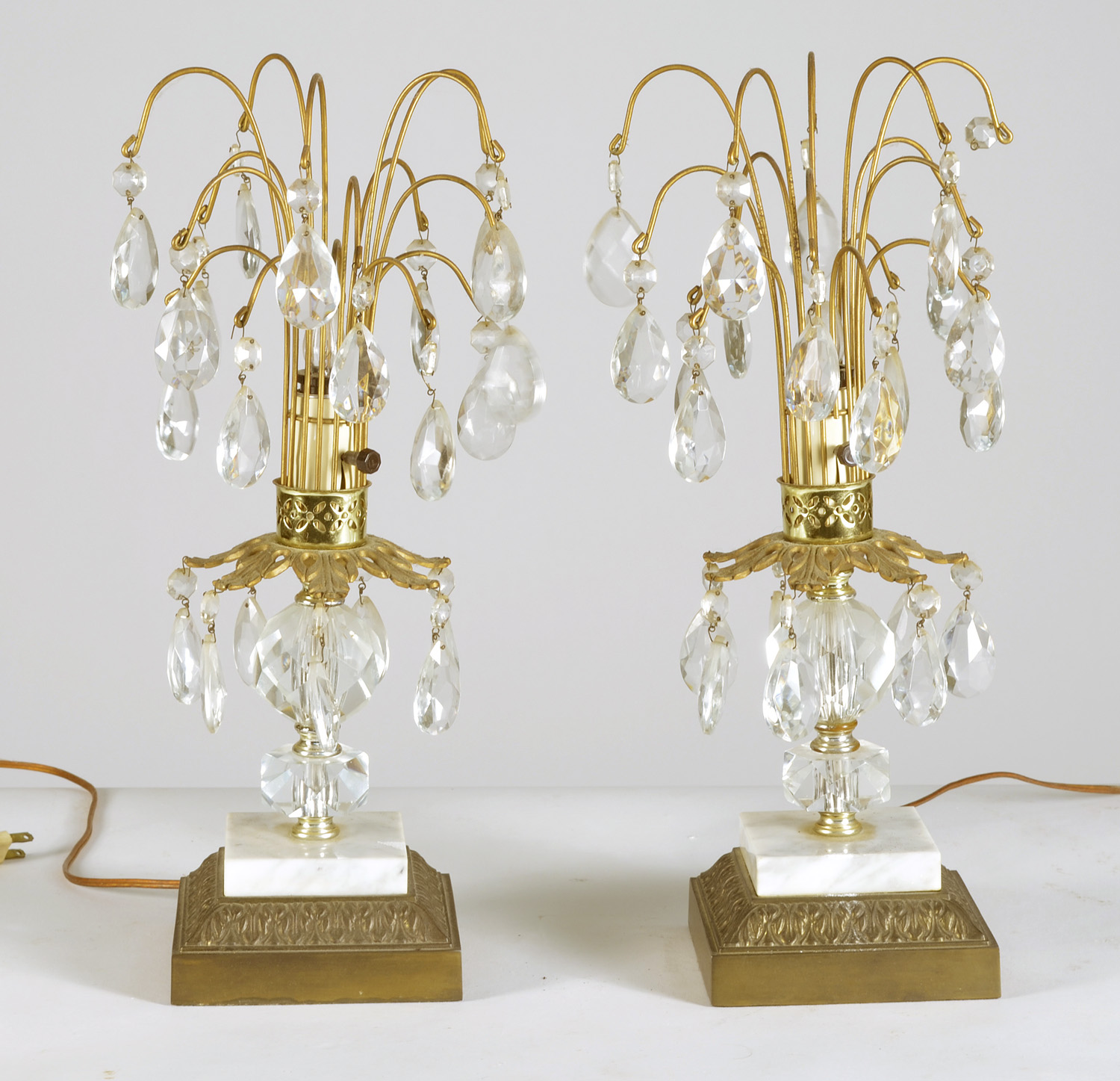 Appraisal: PAIR OF CRYSTAL AND MARBLE DECORATIVE LAMPS in flower form