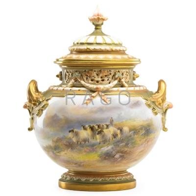 Appraisal: HARRY DAVIS ROYAL WORCESTER Two handled lidded vase with hand-painted