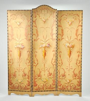 Appraisal: A Hand Painted Three-Panel Folding Floor Screen With two panels